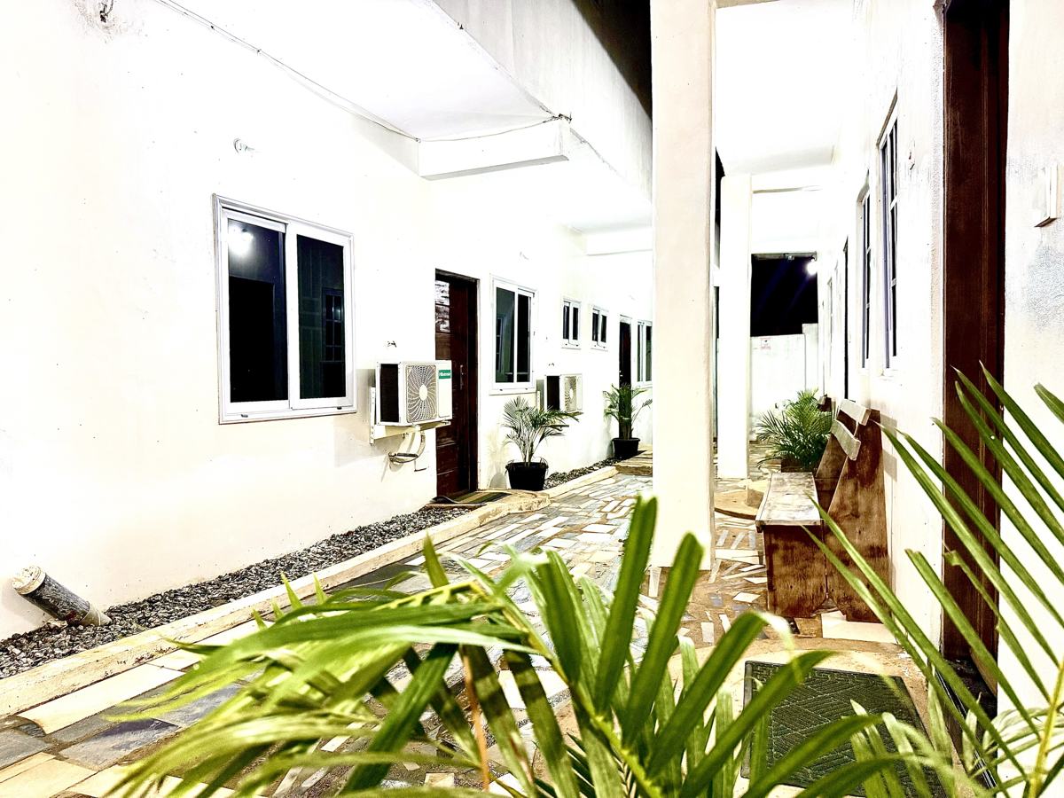 Courtyard walkway with plants and benches