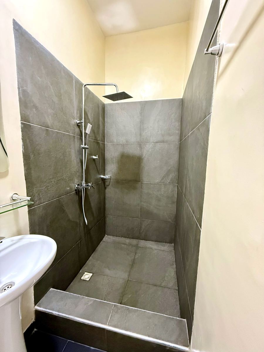 Queen studio suite bathroom with walk-in rainfall shower